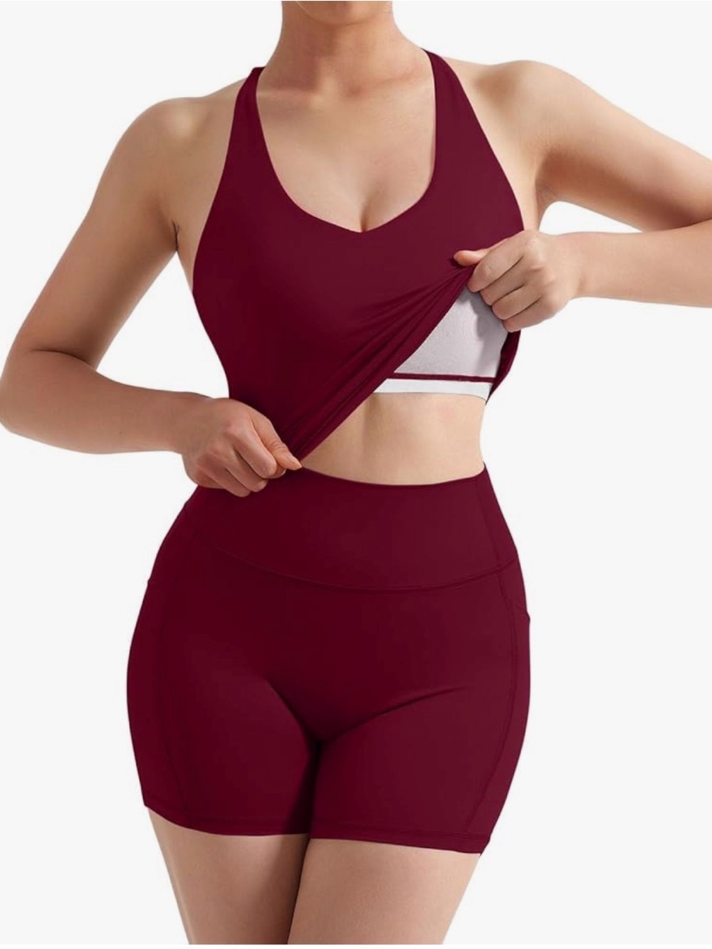 Burgundy Activewear Set - High Waist Shorts & Racerback Top